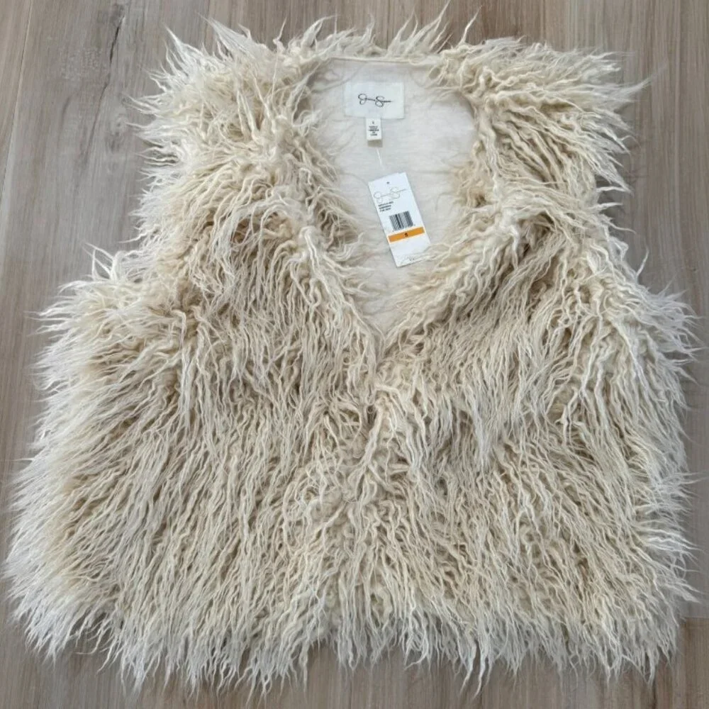 Jessica Simpson Mongolian Faux Fur Vest Tan Boho Festival NWT Small - Picture 5 of 9